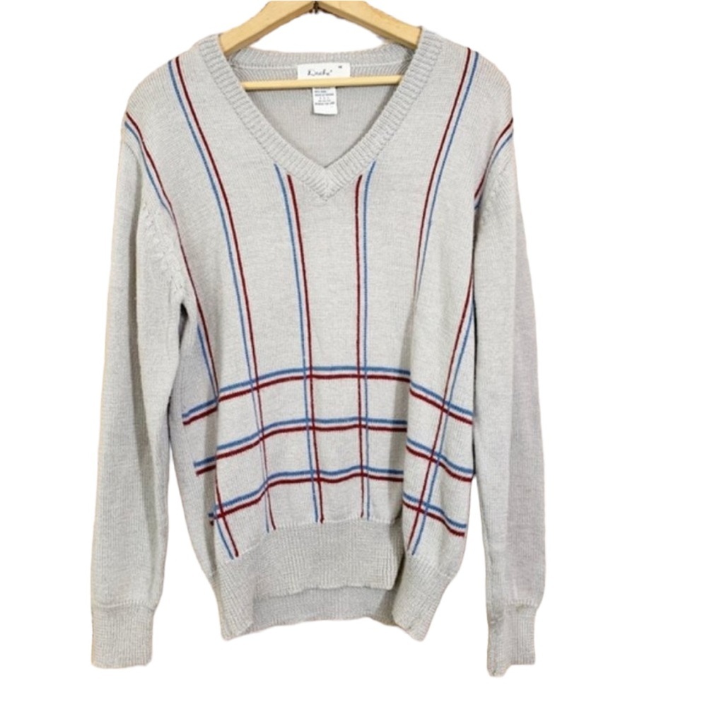 Vintage Daché Gray Windowpane V-Neck Sweater Wool Blend Dache Grandpa 80s